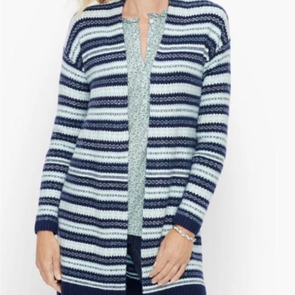 NWT Talbots Women’s Fair Isle Sweater Open Cardigan Blue Green Size 3X.